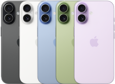 iPhone 17 mostrato da dietro, sistema a doppia fotocamera Fusion, cinque colori disponibili, sovrapposti l’uno sull’altro: nero, bianco, salvia, azzurro nebbia e lavanda