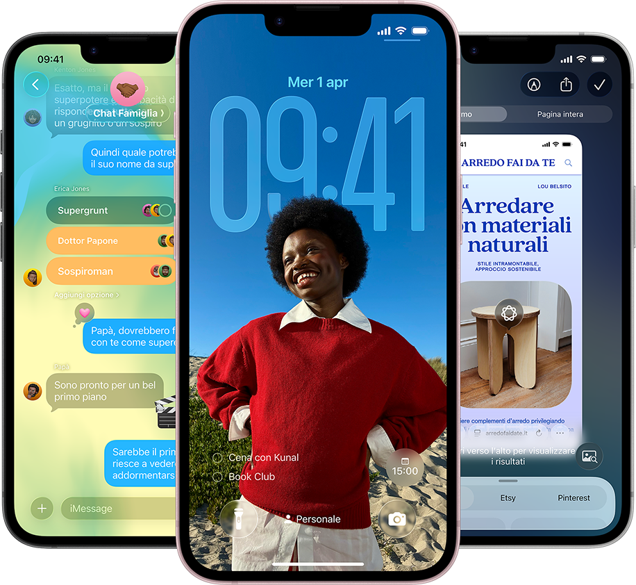 Tre iPhone 17e che mostrano l’app Messaggi con design Liquid Glass, la schermata di blocco dinamica e intelligenza visiva in uso