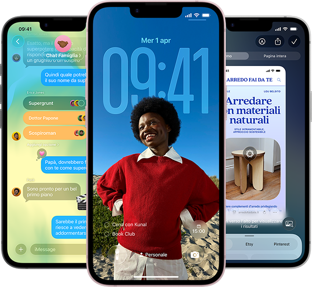 Tre iPhone 17e che mostrano l’app Messaggi con design Liquid Glass, la schermata di blocco dinamica e intelligenza visiva in uso