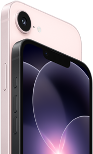 iPhone 17e rosa chiaro, in orizzontale, mostrato da dietro; iPhone 17e nero, in orizzontale, mostrato di fronte
