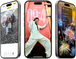 3 iPhone 17 Pro affiancati, mostrati di fronte, sullo schermo si notano iOS 26, l’effetto Liquid Glass e Apple Intelligence