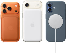 iPhone 17 Pro arancione cosmico mostrato da dietro con custodia in silicone terra di Siena e portafoglio MagSafe in tessuto FineWoven arancione volpe; iPhone Air bianco nuvola mostrato da dietro con batteria Magsafe; iPhone 17 azzurro nebbia mostrato da dietro con custodia in silicone blu salmastro e caricabatterie MagSafe