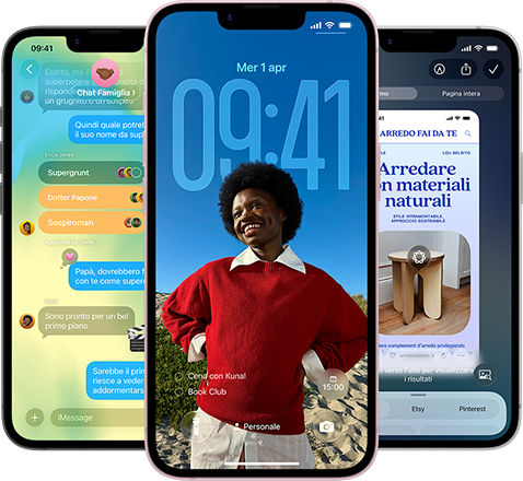 Tre iPhone 17e che mostrano l’app Messaggi con design Liquid Glass, la schermata di blocco dinamica e intelligenza visiva in uso