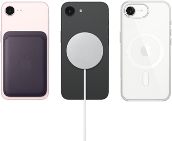 iPhone 17e rosa chiaro con portafoglio in tessuto FineWoven color viola mezzanotte, iPhone 17e nero e caricabatterie MagSafe, iPhone 17e bianco con custodia MagSafe trasparente
