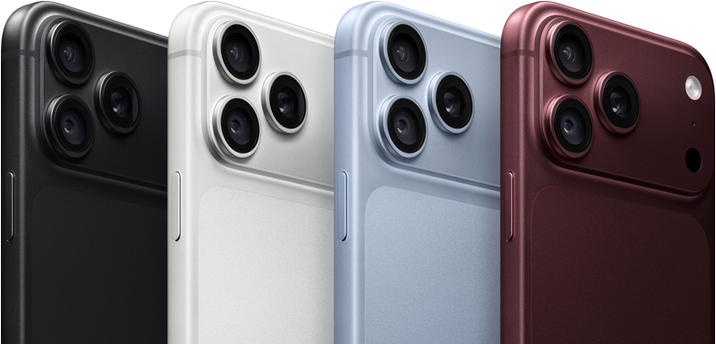 Una fila di iPhone 18 Pro mostrati da dietro nei quattro colori disponibili: borgogna, ghiacciaio, argento e nero; sistema di fotocamere Pro Fusion nell’angolo in alto a sinistra, tre obiettivi, microfono, flash